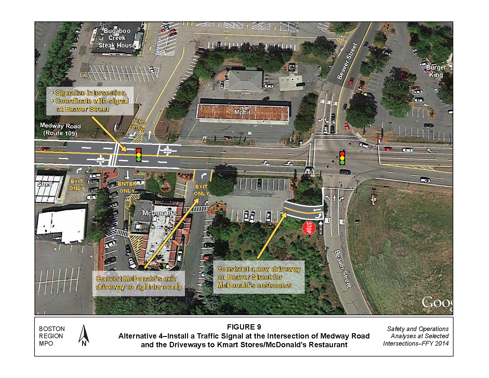 FIGURE 9. Aerial-view map that shows MPO staff “Improvement Alternative 4,” which recommends installing a new traffic signal at the intersection of Medway Road and the driveways to Kmart and McDonald’s to improve safety and access.